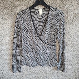 J Jill Top Womens Small‎ Black Surplice Neck Stretch Textured Sheer Long Sleeve
